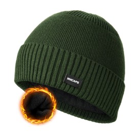 Wmcaps Warm Knit Beanie for Men and Women, Winter Warm Wooly Hat with Fleece Lining, Stretchy Knitted Cuffed Fisherman Beanie, Army Green