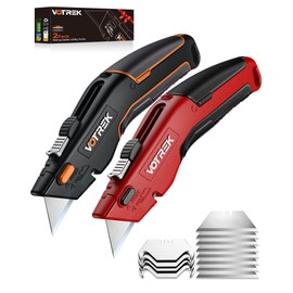 VOTREK® 2-Pack Box Cutter Utility Knife, [2-in-1] Retractable Box Cutter, Heavy Duty Safety Sharp Razor Knife for Home & Warehouse Cardboard, Carpet, [Blade Storage], with Extra Razor & Hook Blades