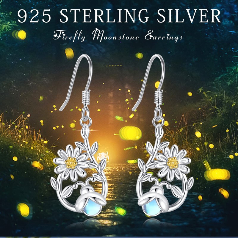 Moonstone Earrings 925 Sterling Silver Firefly Daisy Earrings Drop Dangle