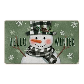 Tailus Hello Winter Snowman Green Decorative Front Door Mat, Let It Snow Snowflake Doormat Indoor Outdoor Non-Slip Floor Entryway Rug, Christmas Seasonal Home Kitchen Decoration 17x29 Inch
