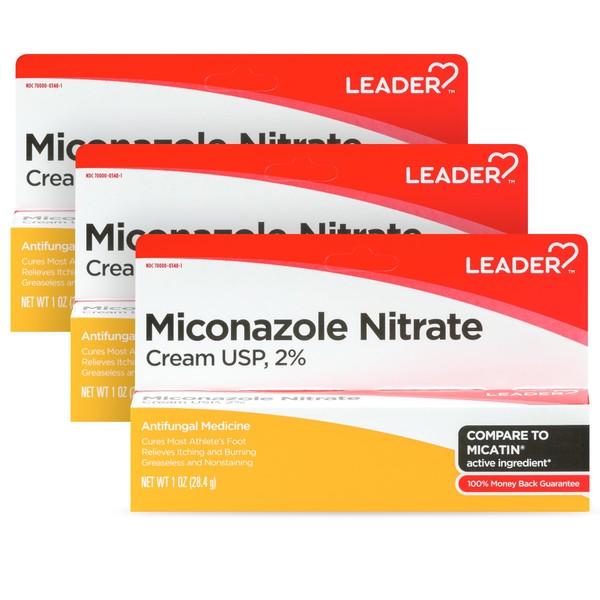 Leader Miconazole Nitrate 2% Antifungal Cream, Cures Athlete's Foot, Jock Itch and Ringworm Infections, 1 oz, Compare to Micatin, Pack of 3