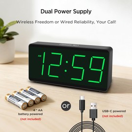 Peakeep Battery Operated Digital Alarm Clock for Bedrooms - Cordless Large Big Numbers 4 Dimmers, Auto Dimming for Seniors, Adjustable Volume Loud Alarm Clock for Heavy Sleepers Adults (Green Digits)