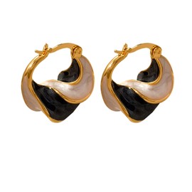 Enamel Twisted Hoop Earrings for Women French Buckle Vintage Earrings Blue Spiral Patterned Wave Earrings Jewelry (Black)