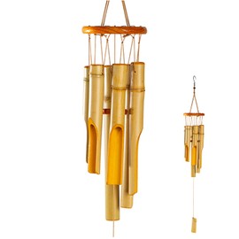 Sansnow Bamboo Wind Chimes 30" Long, Outdoor Wooden Wind Chime with Low Deep Tone for Garden/Home/Patio/Eaves/Villa/Windowsill Decor, Yellow