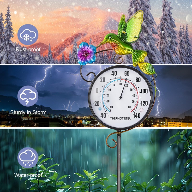 Outdoor Indoor Wall Thermometer with Hummingbird Metal Stake Outside Waterproof
