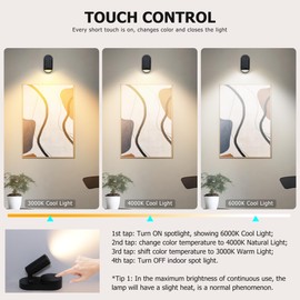 Angestlite Rechargeable Spot Lights Indoor, Battery Operated LED Spotlight, 3 Color Temps Plant Spotlight for Painting Artwork Display with Magnet, Small Dimmable Uplights for Plant Tree Decor, Black