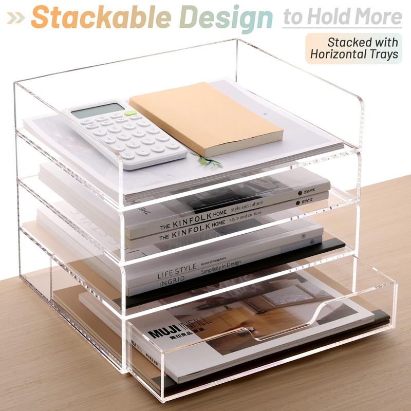 SANRUI 2-Tier Paper Letter Tray Organizer with Sliding Drawer,Stackable Desk