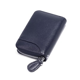Womens Credit Card Holder Wallet Zip Leather Card Case RFID Blocking Ladies Small Blocked Accordion Wallets with Stainless Steel Zipper Woman Compact Accordian ID Cards Bag Mini Cases Deep Blue
