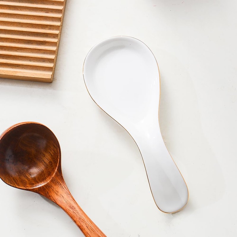 Maxramic Ceramic Spoon Rest for Stove Top, Golden Rim Spoon