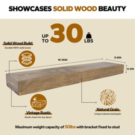 BANFFLOW Floating Shelves 3 inch Thick for Wall Set of 2,Solid Pine Wood Wall Mount Shelf for Kitchen Living Room Bedroom Bathroom,8" D x 36" L x 3" H-Black Walnut