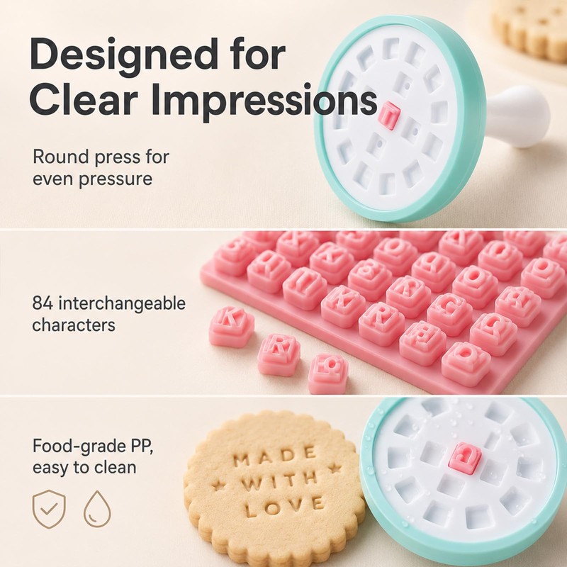 84 Pcs Alphabet Numbers Cookie Stamp Set Round Press for