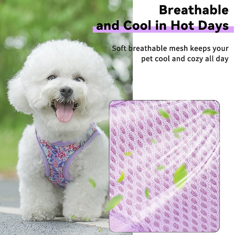 KocaPlye Small Dog Harness Purple Flowers No Pull Reflective Step