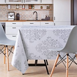 KP HOME Elegant Baroque Orient Wipe Clean Tablecloth in Grey With Silver Pattern Square 140cm x 140cm