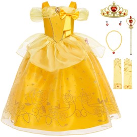 KANDEMY Girls' Princess Aurora Costume Sleeping Beauty Dress Belle Costume Princess Dresses Children's Birthday Fancy Dress Carnival Costumes Cosplay Fancy Dress Party Yellow 110