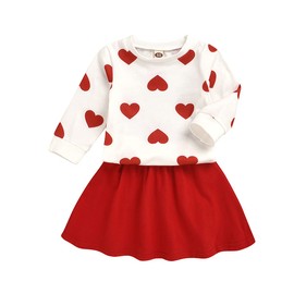XFGLCK Toddler Kids Baby Girls Valentine's Day Outfits Long Sleeve Heart Print Top + Red Skirts Set (Red, 4-5 Years)