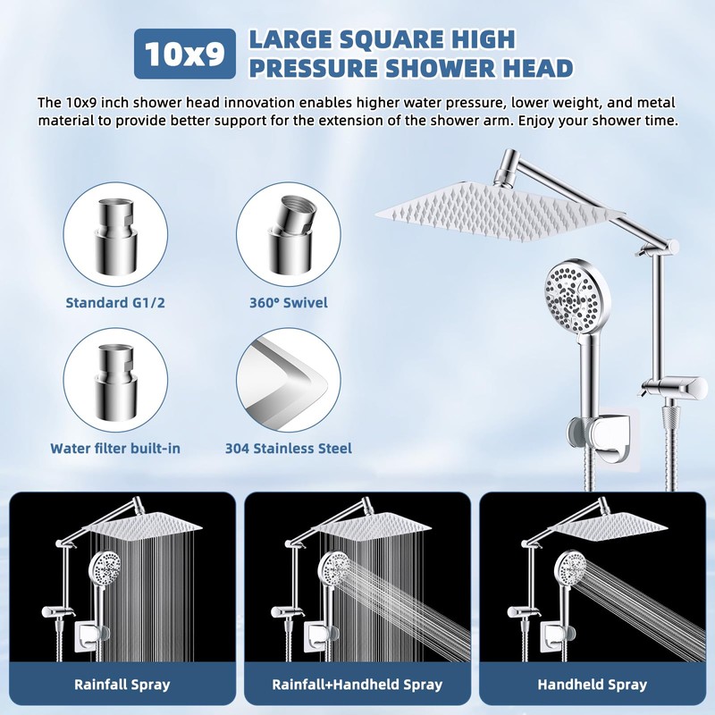 All Metal Rain Shower Head, 10” High Pressure Rainfall Shower