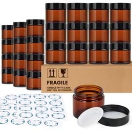 Qeirudu 2 Oz Small Amber Glass Jars with Black Lids, 24 Pack Empty Glass Cosmetic Jars with Inner Liners and Labels for Storing Lotions, Ointments, Cream, Candles