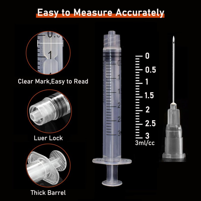 100 Pack 3ml/cc Disposable Luer Lock Lab Syringes with 22Ga