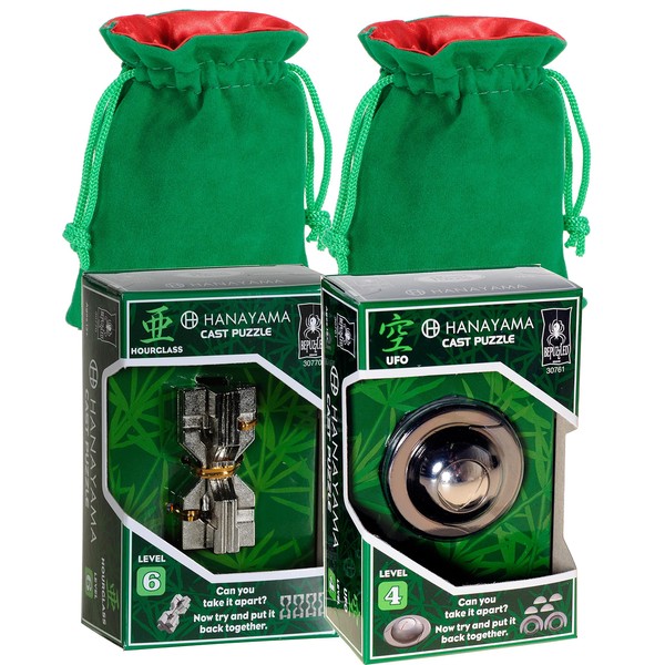 Hourglass and UFO Hanayama Puzzles with Green Velveteen/Red Satin Drawstring