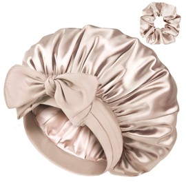 YANIBEST Double Layer Satin Silk Bonnet for Sleeping Hair Bonnet with Elastic Tie Band for Curly Hair Wig Caps Champagne