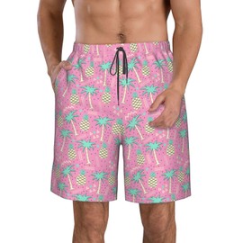 CVFGHJOKC Pineapple Palm Tree Pink Mens Swim Trunks Quick Dry Beach Shorts Swimwear Bathing Suits with Mesh Lining Pockets, X-Large