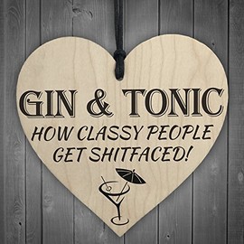 RED OCEAN Gin & Tonic Classy People Novelty Wooden Hanging Heart Kitchen Alcohol Plaque