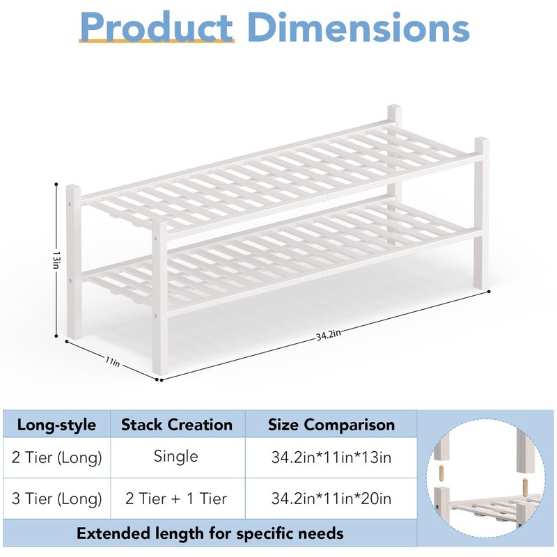 Haddockway Long 2 Tier Bamboo Shoe Rack Storage Organizer, Multifunctional