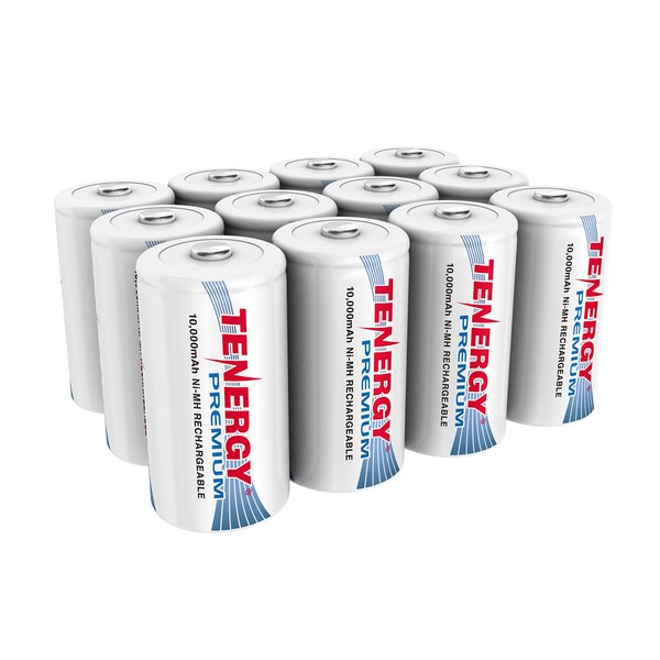 Tenergy 12 Pack Premium D Size 10,000mAh High Capacity High Rate NiMH Rechargeable Batteries - UL Certified
