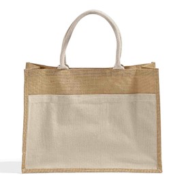 Jute Tote Bag with Canvas Front Pocket, 6 Pcs Reusable Burlap Bags, Large Jute Tote for Beach & Travel Essentials, Natural