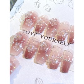 happykau Nail Tips, Set of 24, Nail Tips, Short, False Nails, Korean, Short, Popular, Coming-of-Age Ceremony, Stylish, Simple, Cute, Nail Stickers, Beginners, Practice (D)