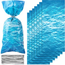 Pajean 100 Pieces Ocean Waves Cellophane Treat Bags Under the Sea Blue Ocean Party Goodie Candy Bag with 100 Twist Ties for Beach Pool Birthday Summer Mermaid Party Decoration Baby Shower Supplies