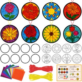Funrous 48 Set Flower Suncatcher Crafts - DIY Flower Kit Tissue Paper Craft Gifts Bulk Make Your Own Floral Hanging Ornament Decor Window Art for Summer Spring Party Decorations Mothers Day Activities