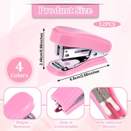 12 Pcs Mini Stapler with 12 Boxes Staple, Includes Built in Staple Remover, Desk Little Stapler for School Office Supplies (Blue, Green, Pink, Rose)
