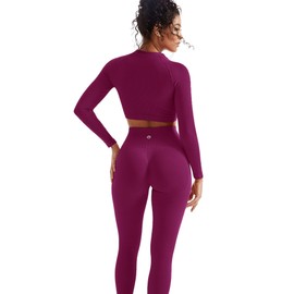 SUUKSESS Women 2 Piece Workout Sets Hidden Scrunch Hip Lifting Seamless Leggings Long Sleeve Yoga Crop Tops High Waisted Yoga Pants (Purple, M)