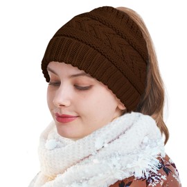 PFFY Ponytail Beanie Hat for Women Winter Warm Knit Beanies High Bun Hats Skull Cap Brown (Ponytail)