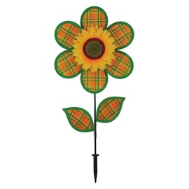 In the Breeze 2659 12 Inch Plaid Sunflower Wind Spinner with Leaves-Colorful Flower for Your Yard and Garden