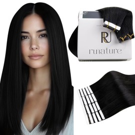 RUNATURE Tape in Hair Extensions Human Hair Black, 18 Inch Long Black Tape in Extensions Human Hair, Straight Remy Hair Extensions Tape ins Full Ends Natural Silky 50g 20pcs