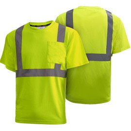 solarika High Visibility Quick Drying Safety Shirt,with Pockets and Reflective Strips,Work Short Sleeves-Green-S