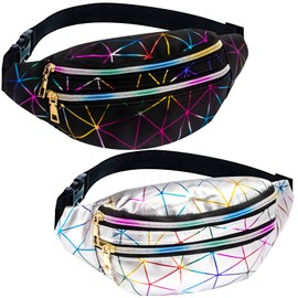 2 Pieces Holographic Fanny Packs Fashionable Waist Packs Shiny Waterproof Belt Bag for Women Men for Travel Party Festival Running, U-Black&Silver, 11.81 X 5.11 X 4.72 inch