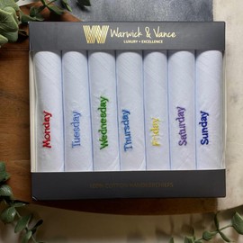 Warwick & Vance Pack Of 7 Mens/Gentlemens White Handkerchiefs, Embroidered Days Of The Week With Satin Stripe Borders, 100% Cotton, 40 x 40cm