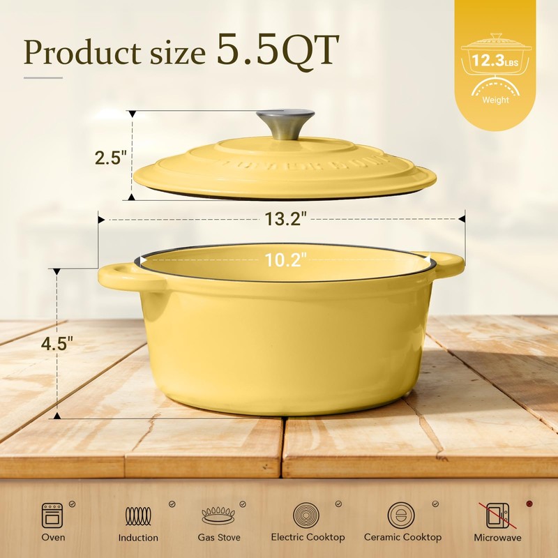 Overmont Enameled Cast Iron Dutch Oven - 5.5QT Pot with