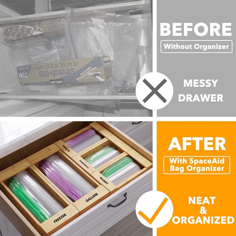 SpaceAid Bag Storage Organizer for Kitchen Drawer, Bamboo Organizer, Compatible