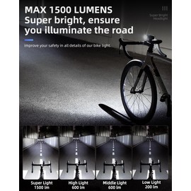 ROCKBROS 1500 Lumens Bike Light for Night Riding, 5000mAh USB-C Rechargeable Bike Headlight, Aluminium Alloy IPX6 Waterproof Bike Front Light, 5 Modes & Auto Mode Anti-Dazzling LED Bike Light