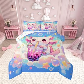 Bubble Tea Comforter Set for Kids Adults,Cute Axolotl Lover Cartoon Bubbles Bedding Comforter Sets Queen,Dreamy Cartoon Blue Sky Cloud Quilt Comforter with 2 Pillowcases