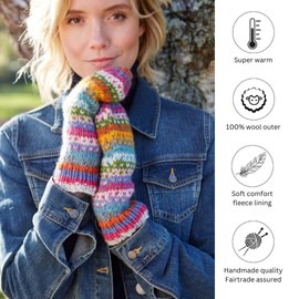 Pachamama Women Wool Mittens Fleece Lined Handknitted Dots Stripes Multicoloured One-Size Handmade Extra Warm Fair Trade