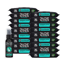 DUDE Wipes - Flushable Wipes with DUDE Bombs Toilet Spray - 18 Pack, 864 Count + 1 Spray Bottle - Mint Chill Extra-Large - with Eucalyptus & Tea Tree Oil - Forest Fresh Stank Eliminator