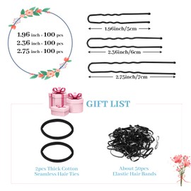 300Pcs U-Shaped Hair Pins Set for Women, Kids & Girls: 2.8IN, 2.4IN, 2IN Bobby Bun Pins with Storage Box, 2 Thick Seamless Hair Ties & 50 Elastic Hair Bands for All Hair Types, Black