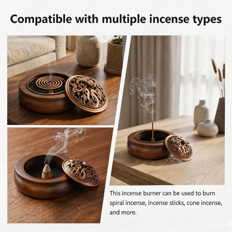 Wooden Incense Burner with Metal Lid, Handmade Incense Holder for