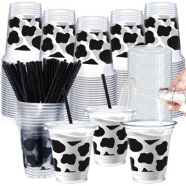 Umigy 100 Pack Plastic Disposable Cups with Lids and Straws 12 oz Disposable Cups for Juice Water Coffee Summer Party Sports Party Supplies(Cow Print)