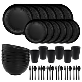 EI 42pcs Wheat Straw Dinnerware Set,Unbreakable Reuasble Plates,Microwave Safe Plates and Bowls Sets,Lightweight Dinnerware for Camping,Picninc,Party-Black Bowls,Plates,Cups,Cutlery
